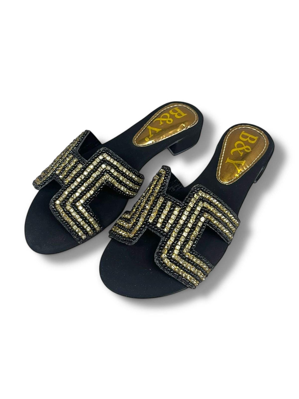 Shimmer Black Block Heel Slip-on Sandal