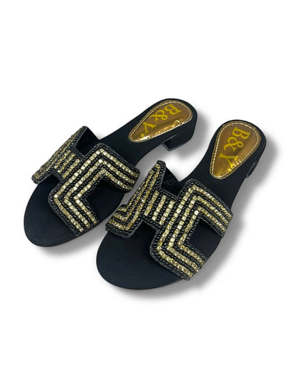 Shimmer Black Block Heel Slip-on Sandal