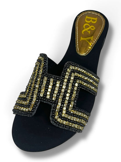 Shimmer Black Block Heel Slip-on Sandal