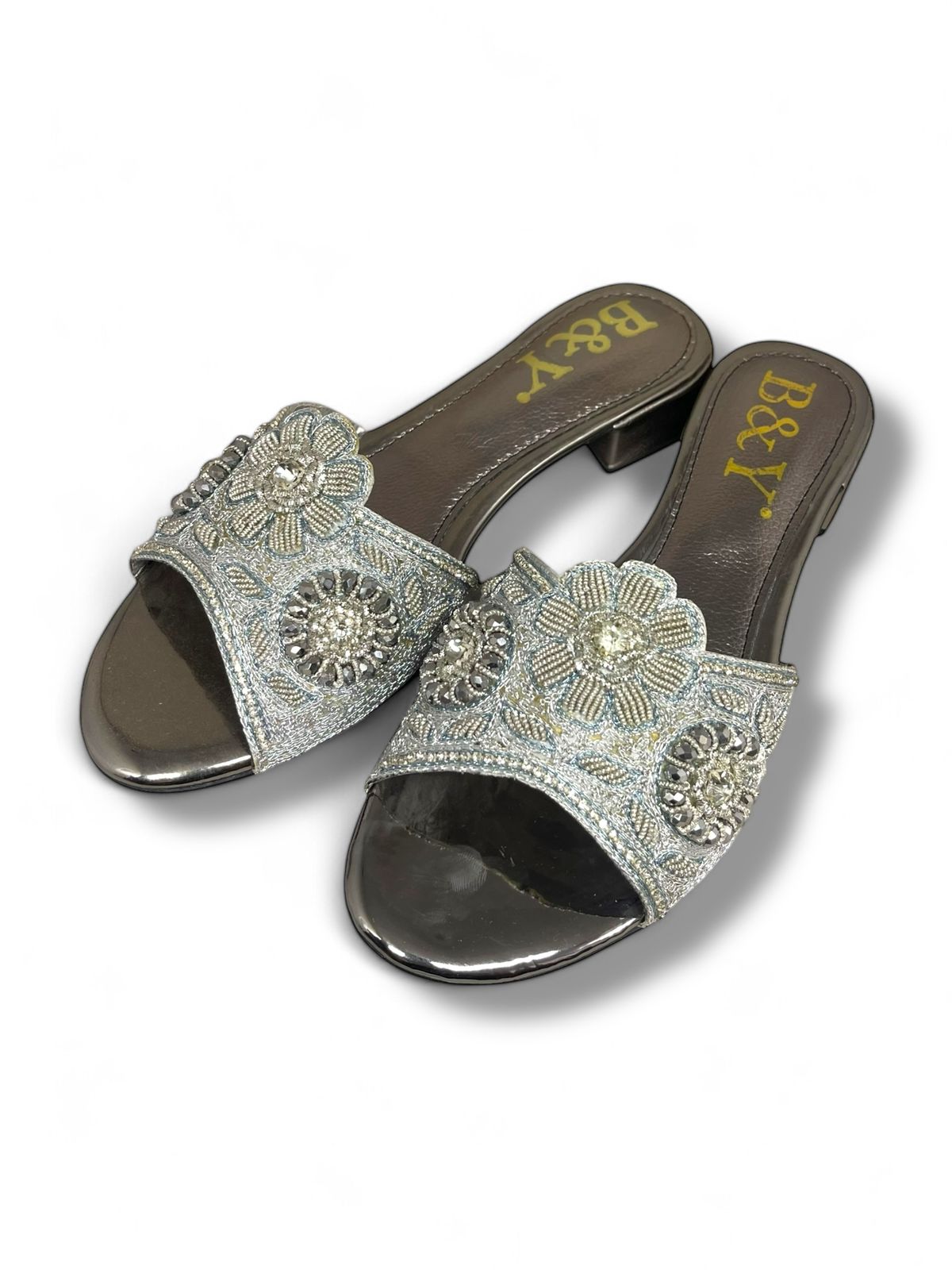 Snap Silver Block Heel Slip-on Sandal