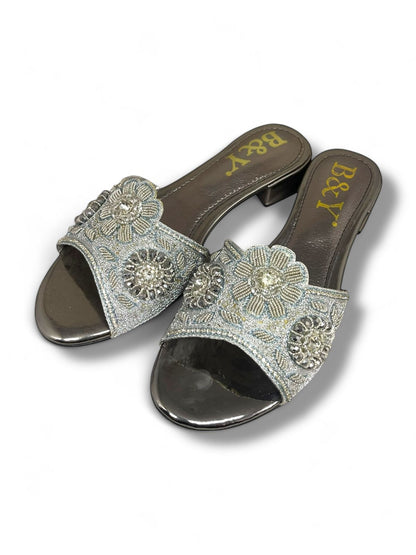 Snap Silver Block Heel Slip-on Sandal