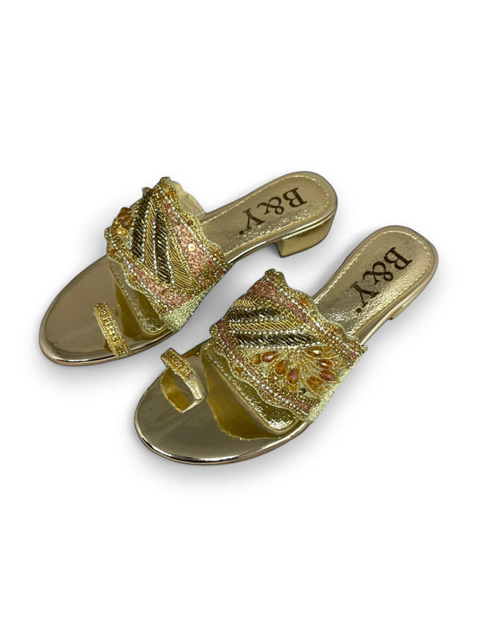 Elegance Golden Block Heel Slip-on Sandal