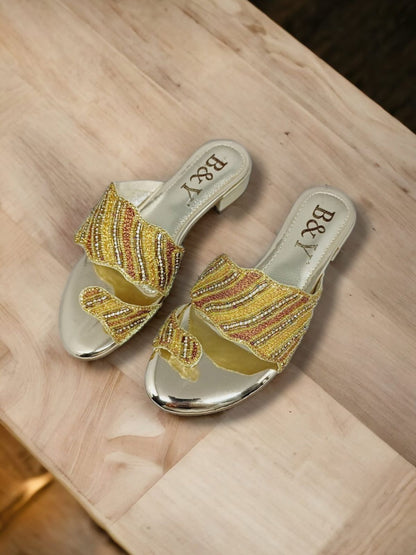Wander Golden Block Heel Slip-on Sandal