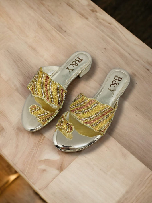 Wander Golden Block Heel Slip-on Sandal